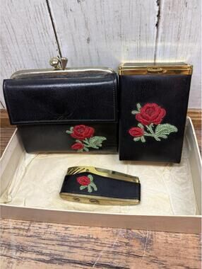 Vtg Princess Gardner Flip Top Black Leather Cigarette Case Lighter Wallet Flower